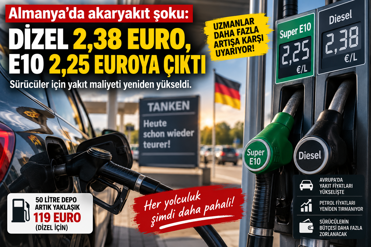 Almanya’da akaryakıt şoku: Dizel 2,38 euro, E10 2,25 euroya çıktı