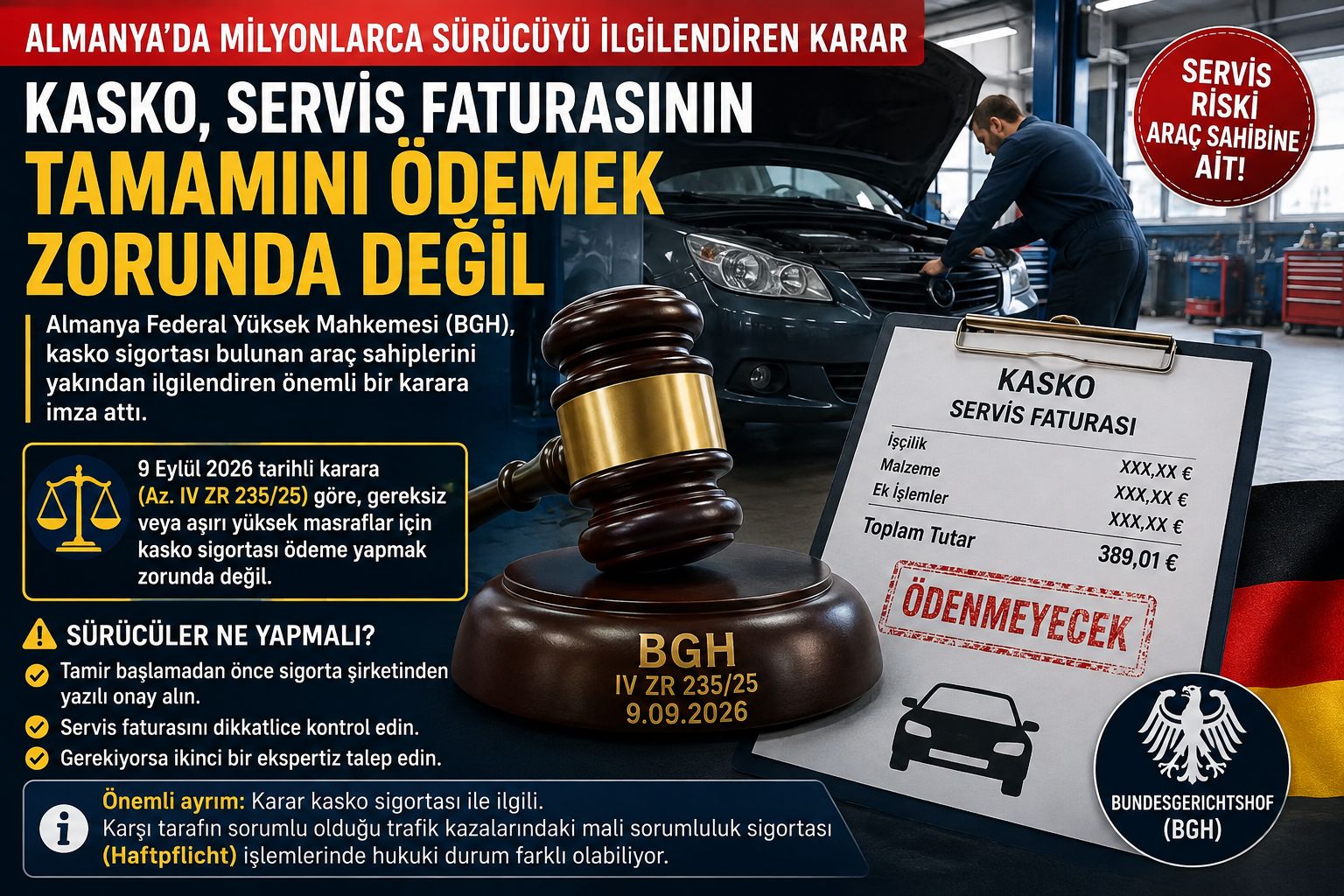 Almanya’da milyonlarca sürücüyü ilgilendiren karar: Kasko her servis masrafını karşılamak zorunda değil