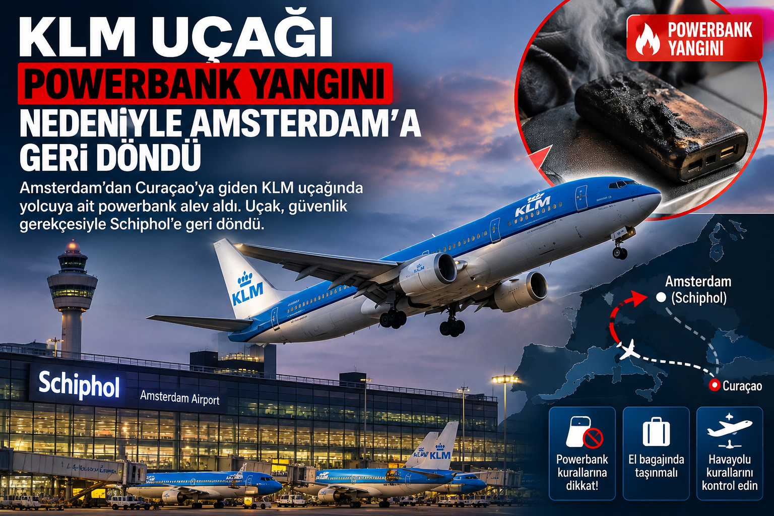 KLM uçağı powerbank yangını nedeniyle Amsterdam’a geri döndü