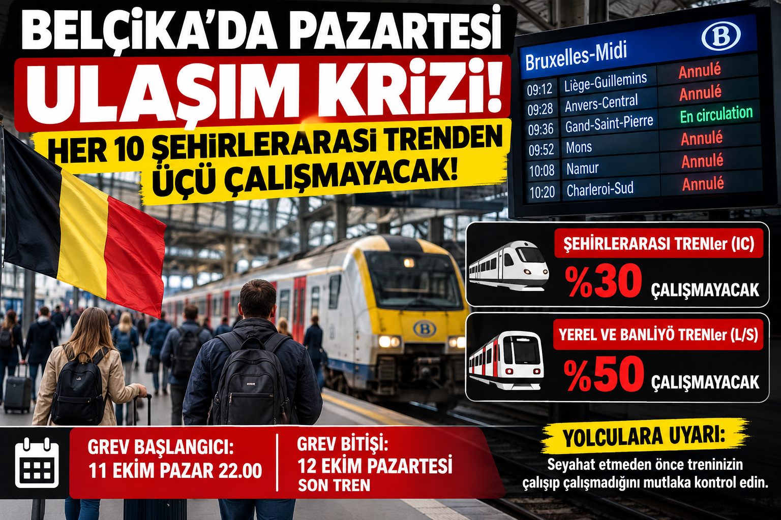 BELÇİKA’DA PAZARTESİ GÜNÜ ULAŞIM KRİZİ: HER ON ŞEHİRLERARASI TRENDEN ÜÇÜ ÇALIŞMAYACAK!